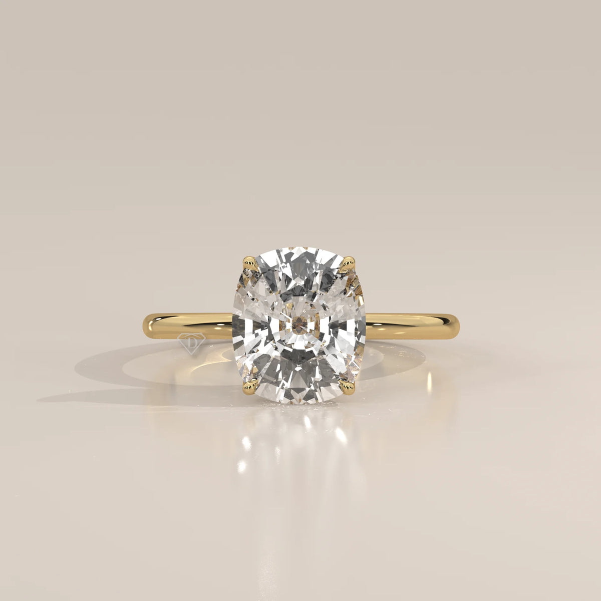 Nemma 5 Carat Cushion Lab Grown Diamond Solitaire, Hidden Halo in yellow gold, photographed head-on.