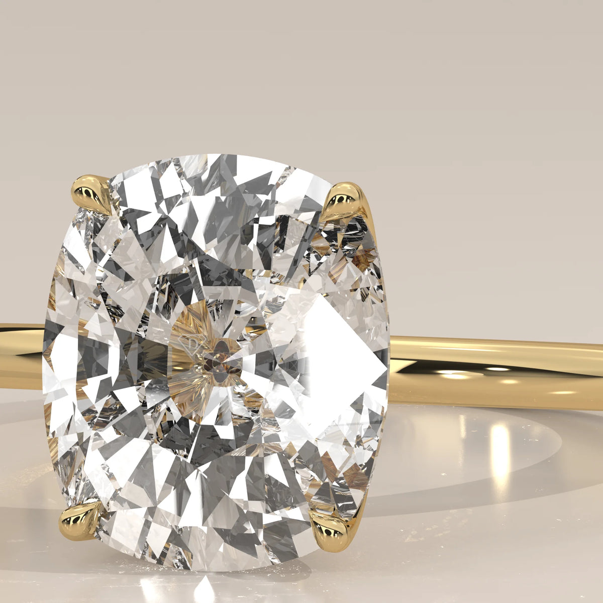 Nemma 5 Carat Cushion Lab Grown Diamond Solitaire, Hidden Halo in yellow gold, front view on a plain background.