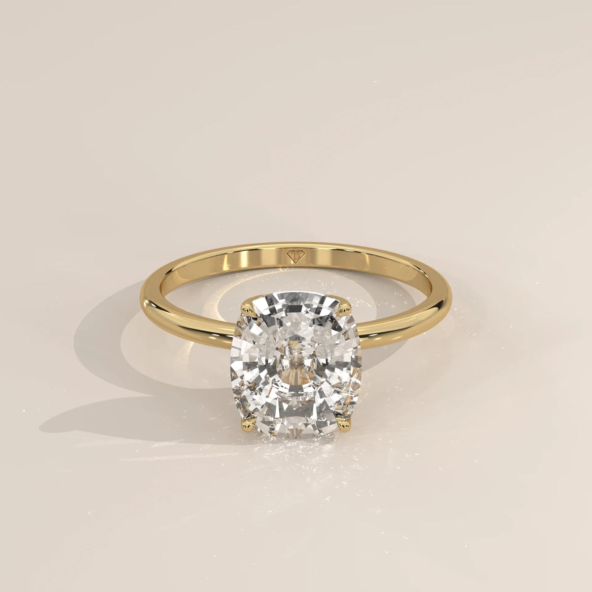 Nemma 5 Carat Cushion Lab Grown Diamond Solitaire, Hidden Halo in yellow gold, shown from the front.