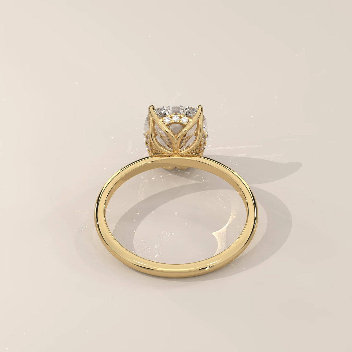 Nemma 5 Carat Cushion Lab Grown Diamond Solitaire, Hidden Halo in yellow gold, side profile view.
