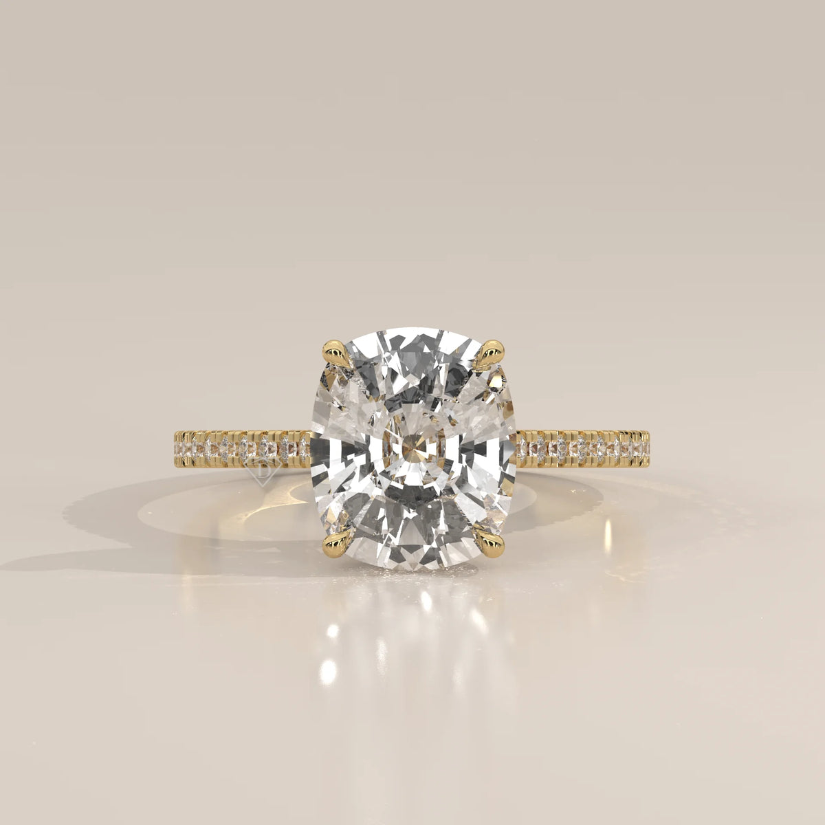 Olive 5 Carat Cushion Lab Grown Diamond Ring, Hidden Halo Pave Band in yellow gold, shown from the front.