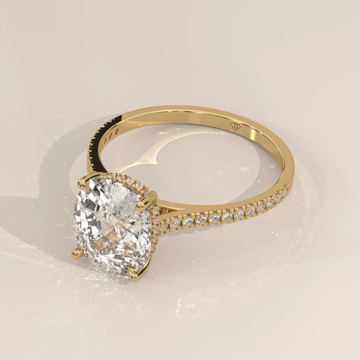 Olive 5 Carat Cushion Lab Grown Diamond Ring, Hidden Halo Pave Band in yellow gold, side profile view.