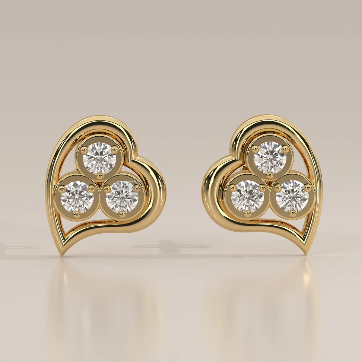 Front View: Heart Diamond Stud Earrings with Cluster Setting in Yellow Gold – Lab Grown – Driona Jewels
