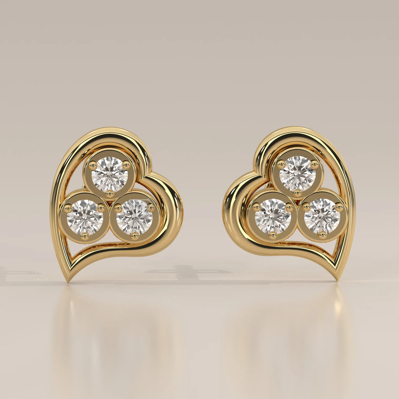 Front View: Heart Diamond Stud Earrings with Cluster Setting in Yellow Gold – Lab Grown – Driona Jewels