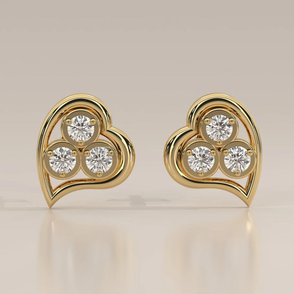Front View: Heart Diamond Stud Earrings with Cluster Setting in Yellow Gold – Lab Grown – Driona Jewels