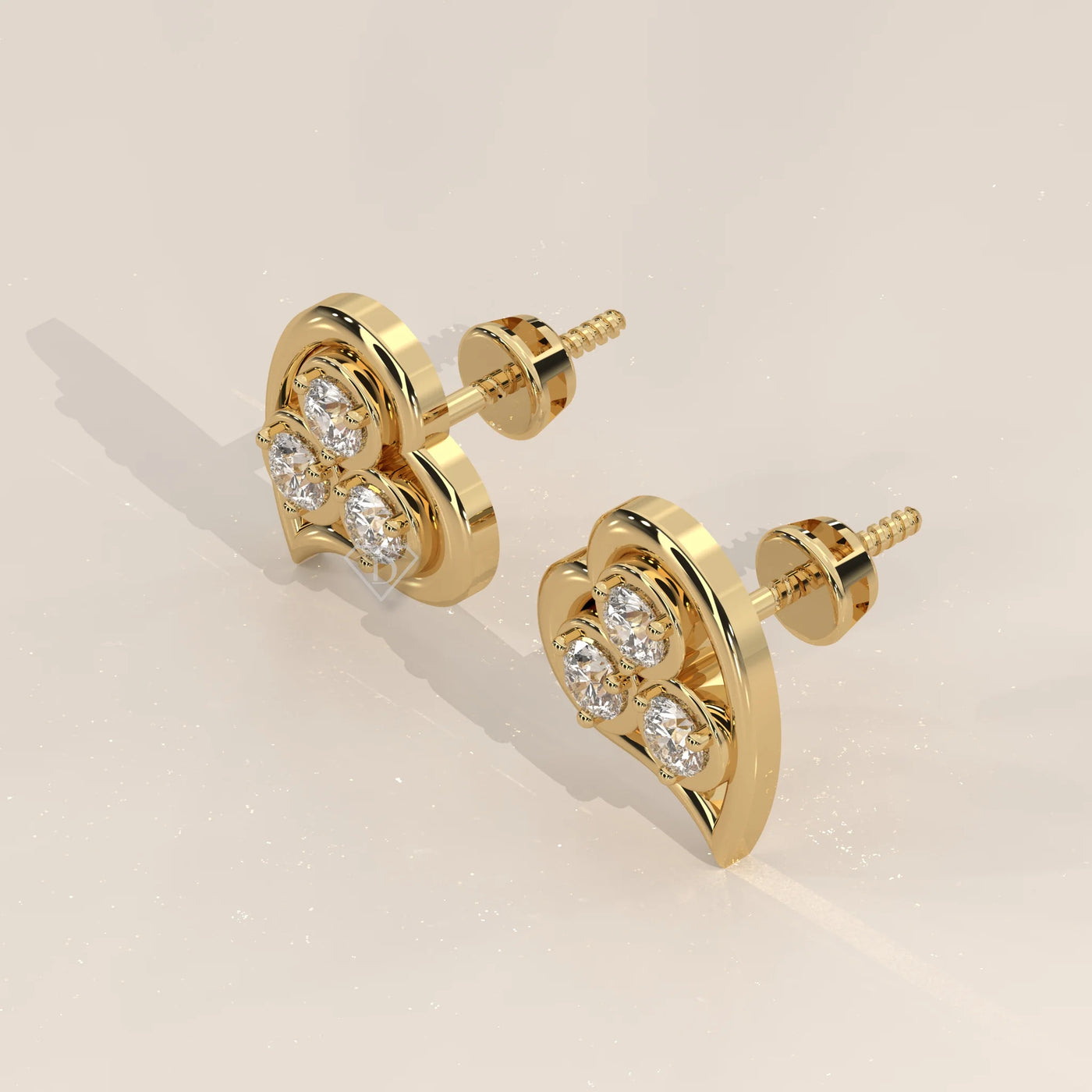 Three-Quarter View: Heart Diamond Stud Earrings with Cluster Setting in Yellow Gold – Lab Grown – Driona Jewels