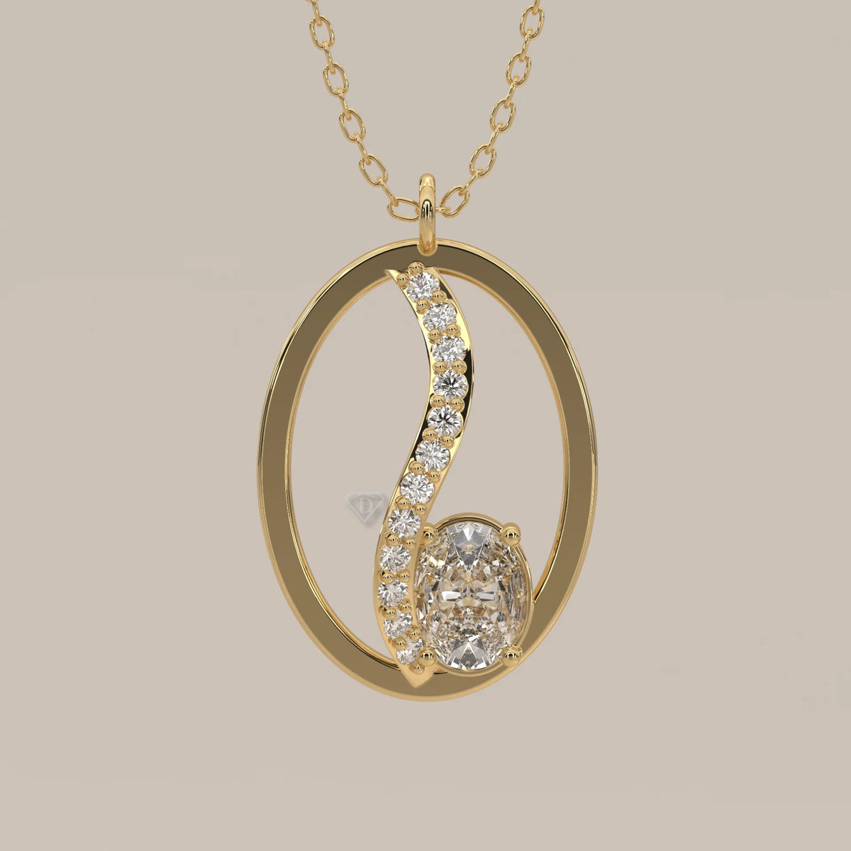Open Oval Frame Pendant with Pave Swirl and Oval Lab Grown Diamond in yellow gold, front view on a plain background.