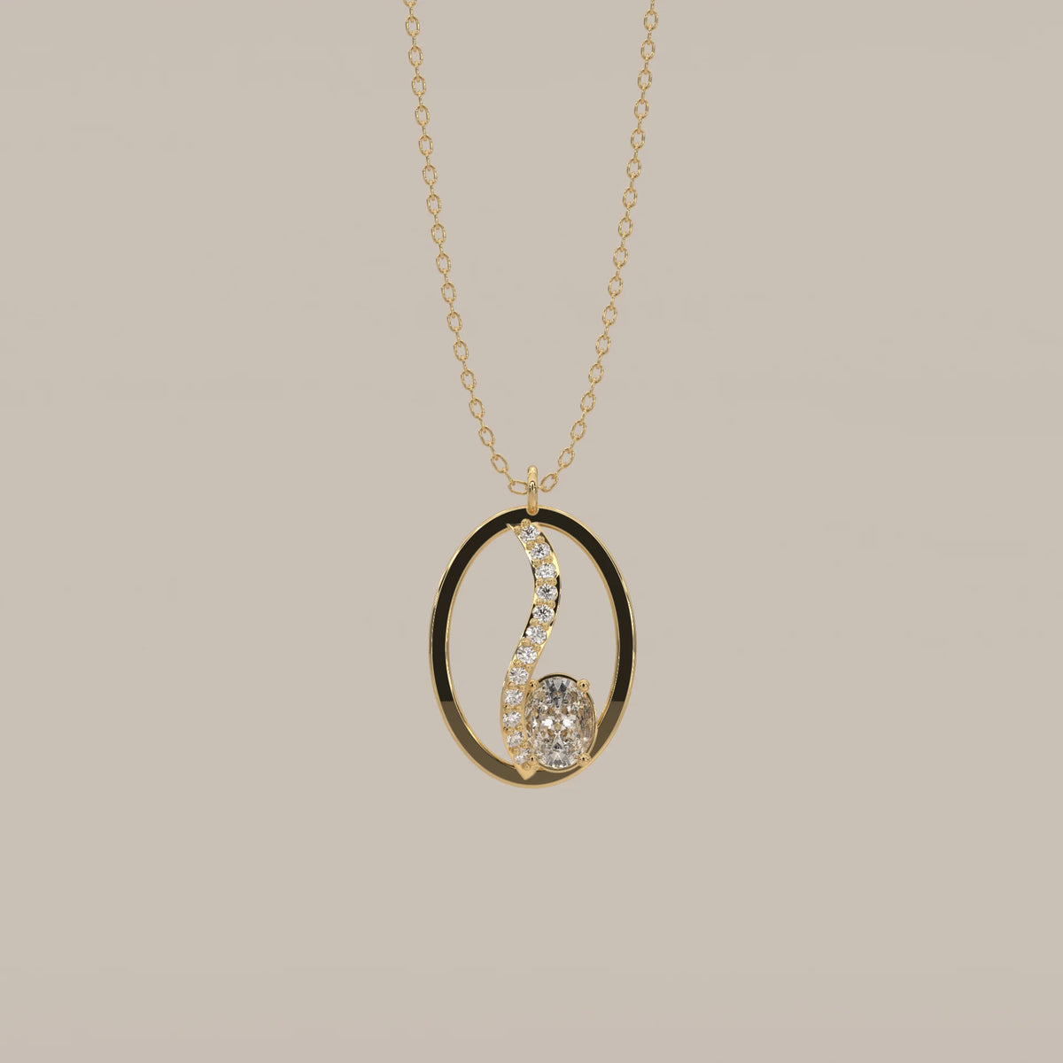 Open Oval Frame Pendant with Pave Swirl and Oval Lab Grown Diamond in yellow gold, shown from the front.