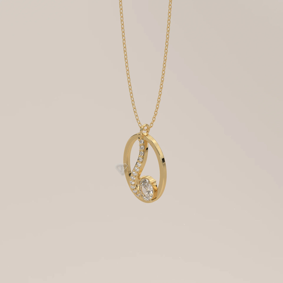 Open Oval Frame Pendant with Pave Swirl and Oval Lab Grown Diamond in yellow gold, shown from the side.