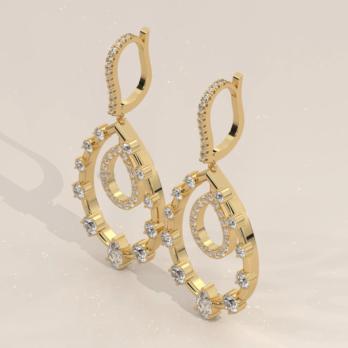 Open Pear Frame Lab Grown Diamond Chandelier Earrings with Pave Top in yellow gold, shown at an angle.