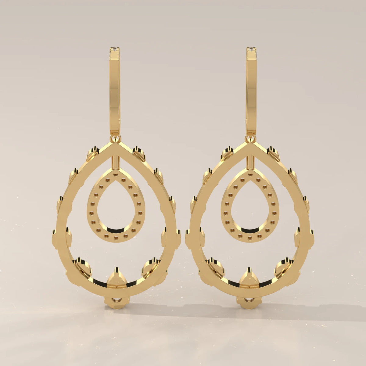 Open Pear Frame Lab Grown Diamond Chandelier Earrings with Pave Top in yellow gold, photographed head-on.