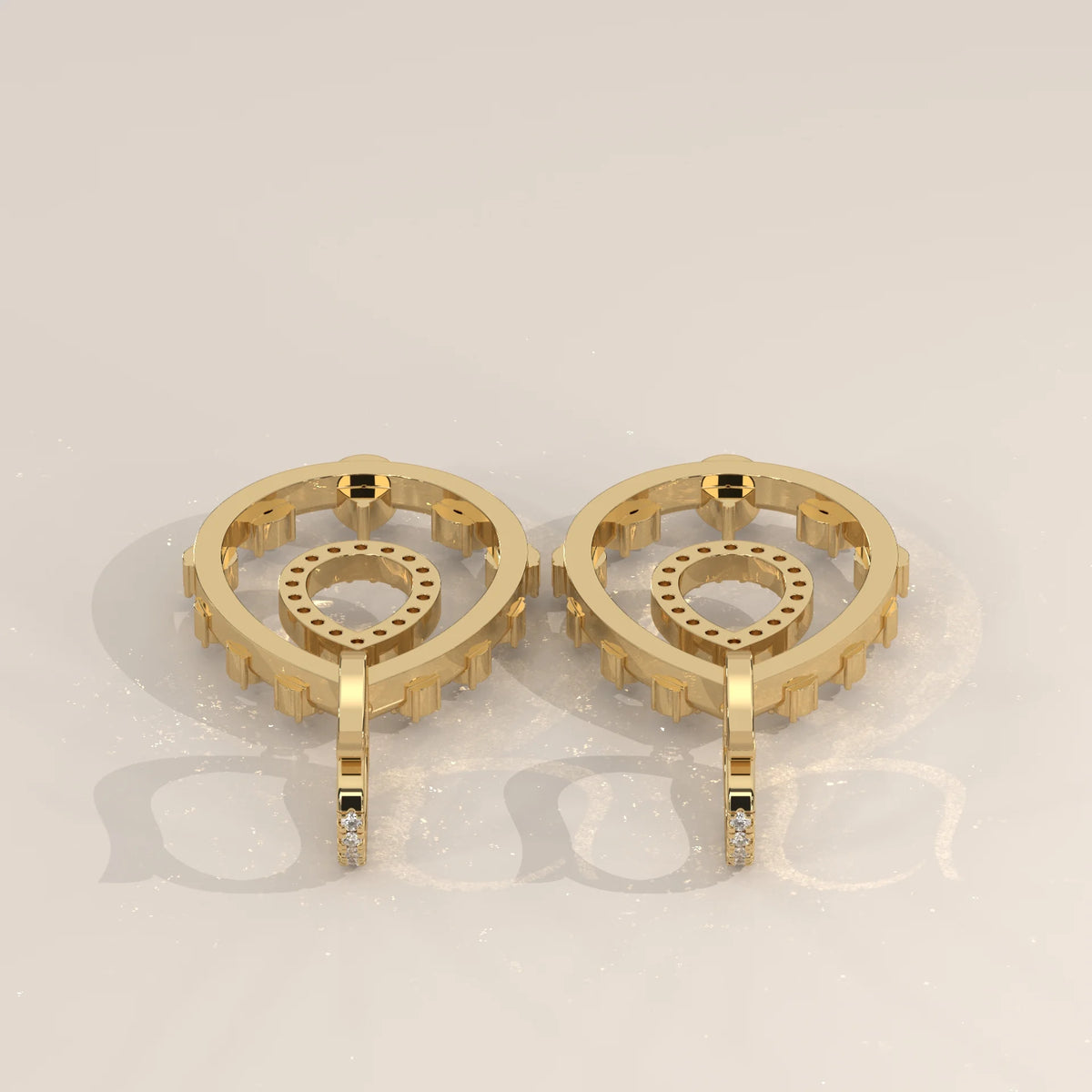 Open Pear Frame Lab Grown Diamond Chandelier Earrings with Pave Top in yellow gold, product photograph on a plain background.