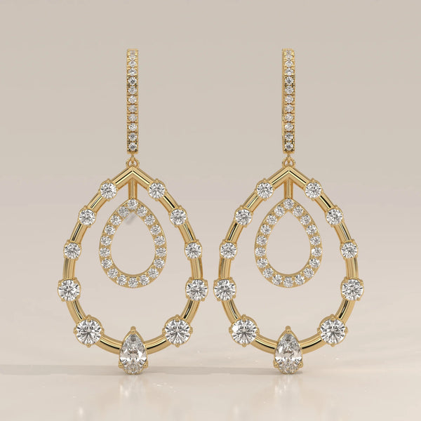 Open Pear Frame Lab Grown Diamond Chandelier Earrings with Pave Top in yellow gold, shown from the front.