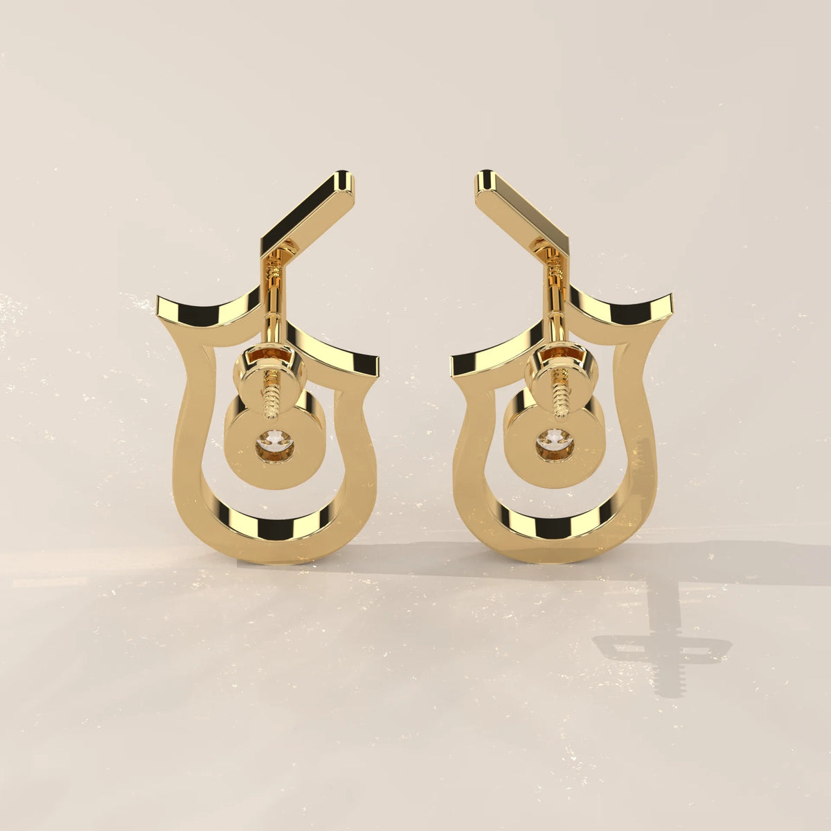 Open Tulip Outline Gold Studs with a Bezel Lab Grown Diamond in yellow gold, photographed head-on.