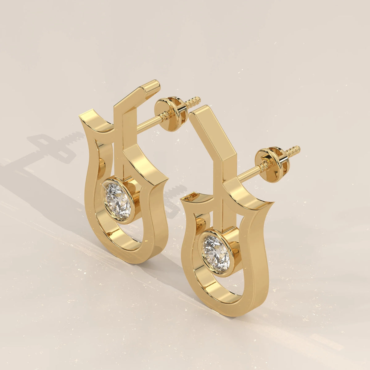 Open Tulip Outline Gold Studs with a Bezel Lab Grown Diamond in yellow gold, shown at an angle.
