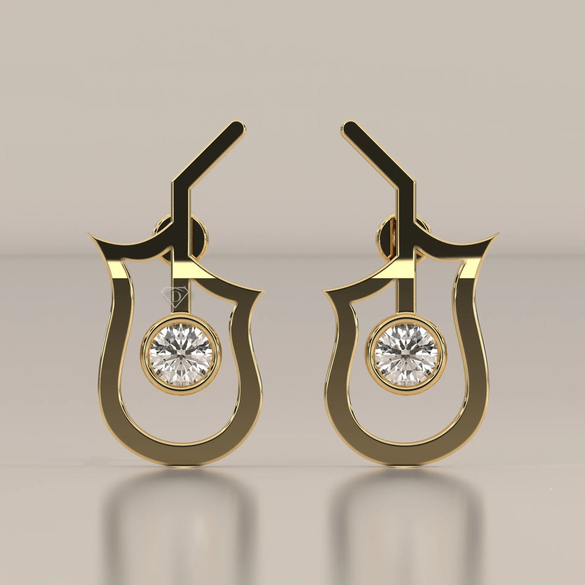 Open Tulip Outline Gold Studs with a Bezel Lab Grown Diamond in yellow gold, shown from the front.