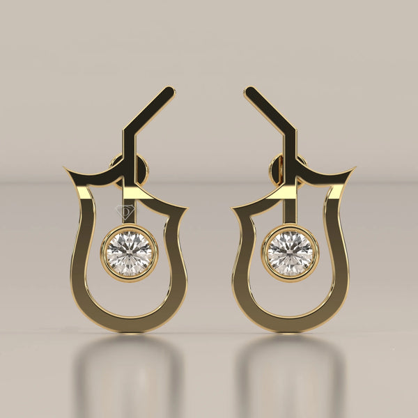 Open Tulip Outline Gold Studs with a Bezel Lab Grown Diamond in yellow gold, shown from the front.