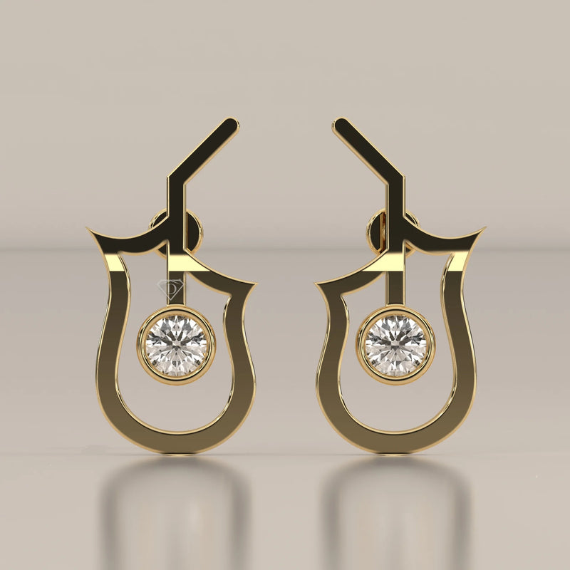 Open Tulip Outline Gold Studs with a Bezel Lab Grown Diamond in yellow gold, shown from the front.