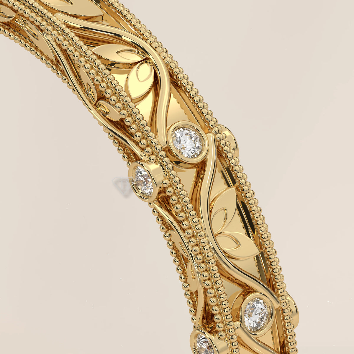 Ornate Filigree Engraved Band with Bezel Set Diamonds in yellow gold, photographed at a three-quarter angle.