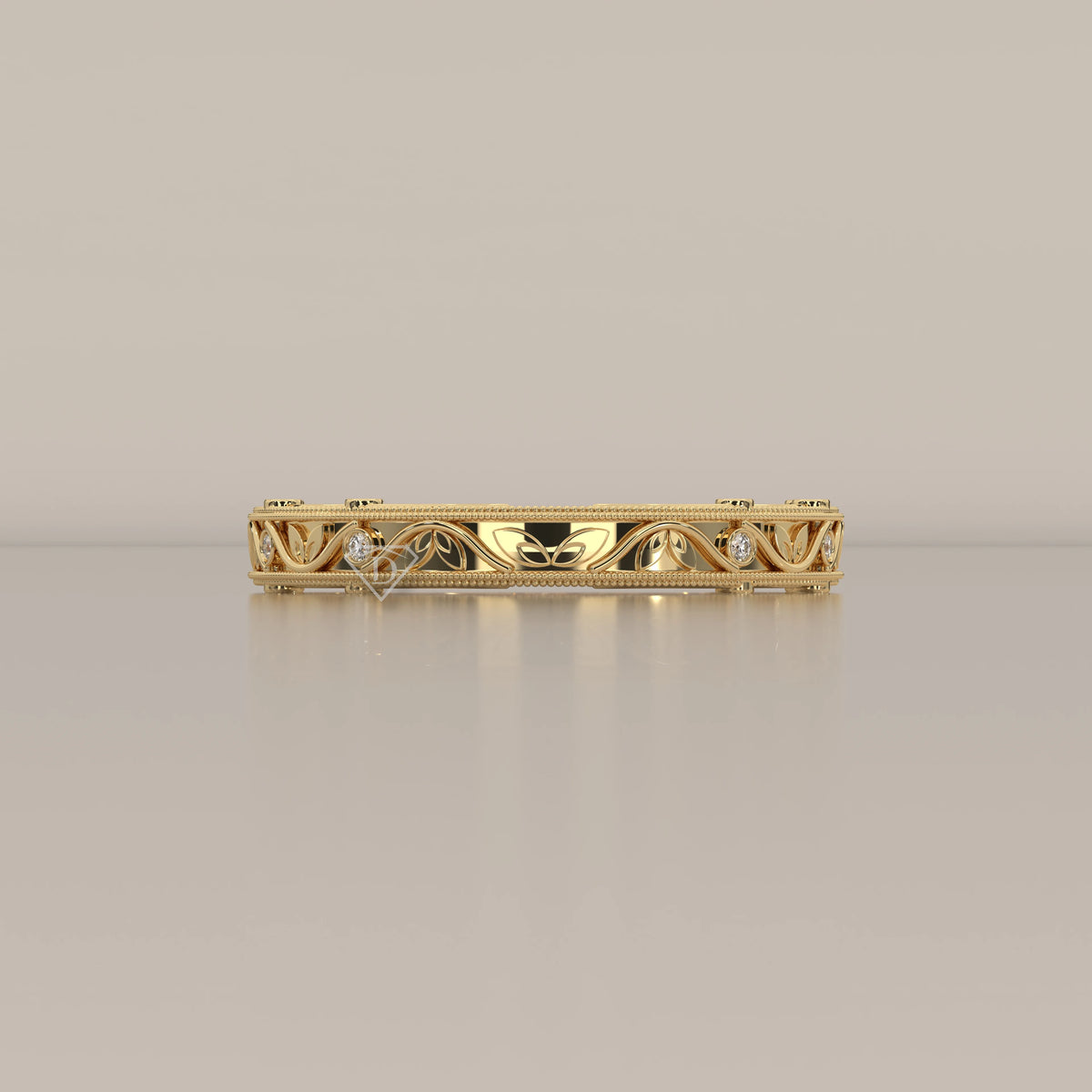 Ornate Filigree Engraved Band with Bezel Set Diamonds in yellow gold, shown from the front.