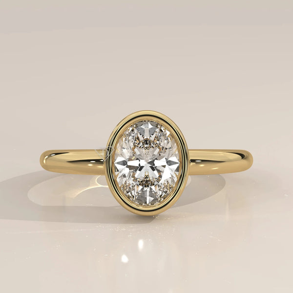 Front View: Oval Diamond Ring with Bezel Setting in Yellow Gold – Lab Grown – Driona Jewels