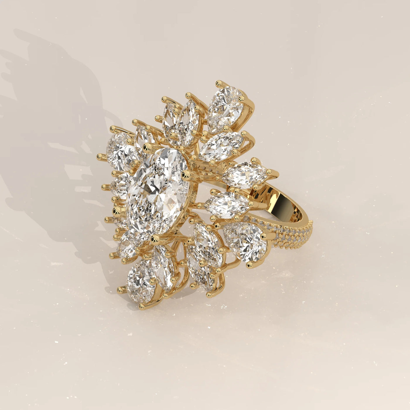 Angle View: Oval Diamond Ring with Cluster Setting in Yellow Gold – Lab Grown – Driona Jewels