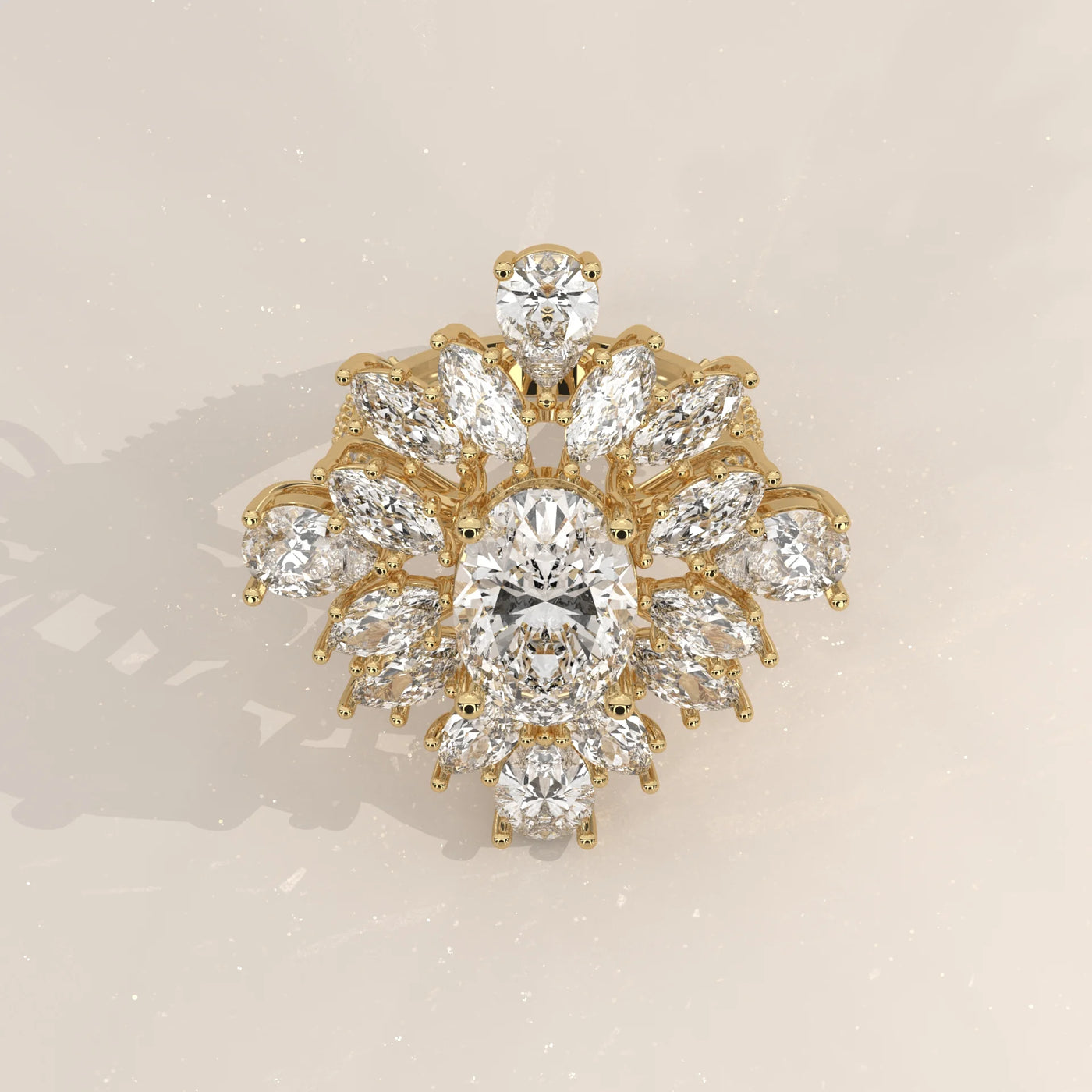 Three-Quarter View: Oval Diamond Ring with Cluster Setting in Yellow Gold – Lab Grown – Driona Jewels