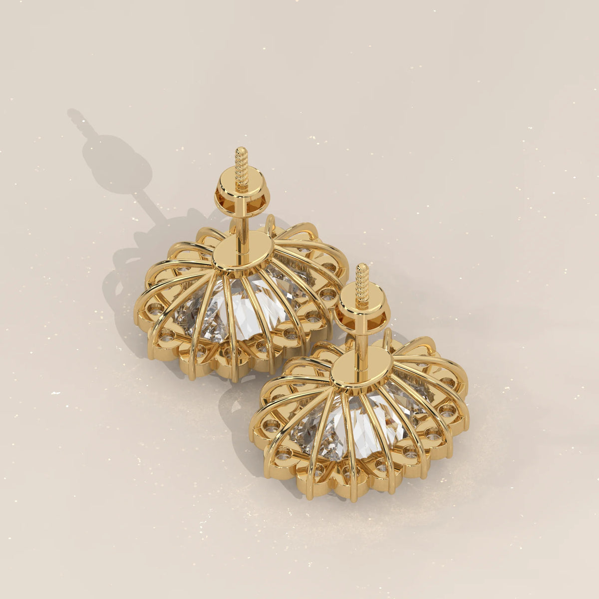Oval Cluster Lab Grown Diamond Studs with Large Round Surround in yellow gold, product photograph on a plain background.