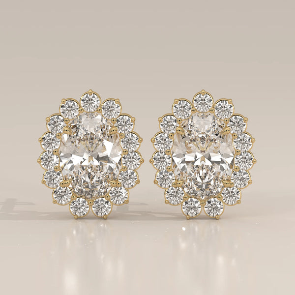 Oval Cluster Lab Grown Diamond Studs with Large Round Surround in yellow gold, shown from the front.