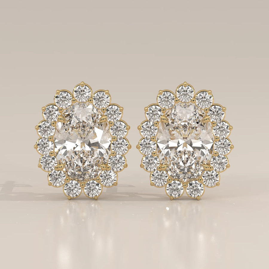 Oval Cluster Lab Grown Diamond Studs with Large Round Surround in yellow gold, shown from the front.