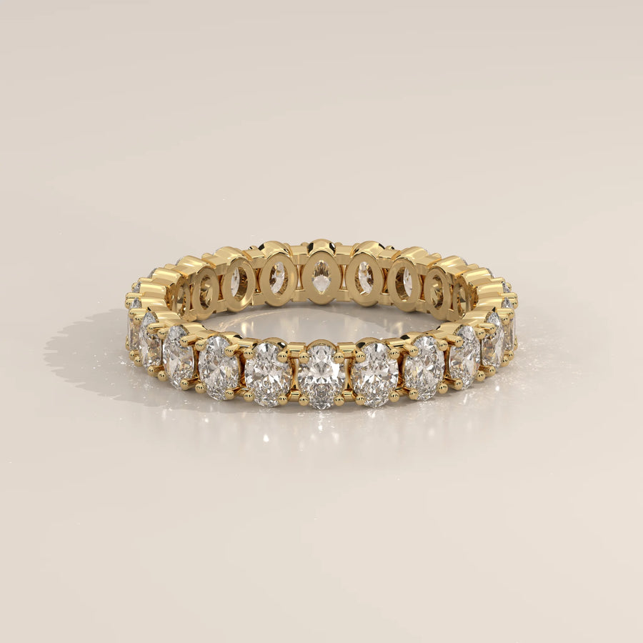 Three-Quarter View: Oval Diamond Eternity Ring with Eternity Setting in Yellow Gold – Lab Grown – Driona Jewels
