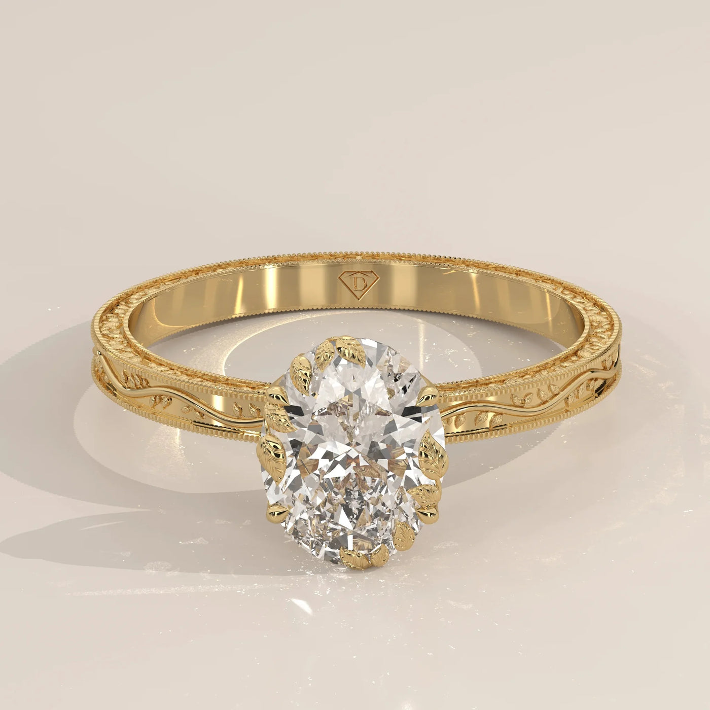 Angle View: Oval Diamond Ring with Prong Setting in Yellow Gold – Lab Grown – Driona Jewels