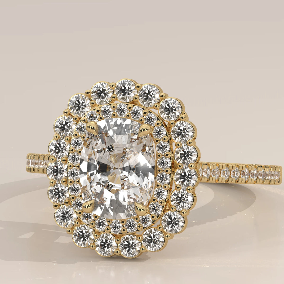 Cushion Lab Grown Diamond Double Halo Ring with Scalloped Outer Row in yellow gold, photographed from the side.
