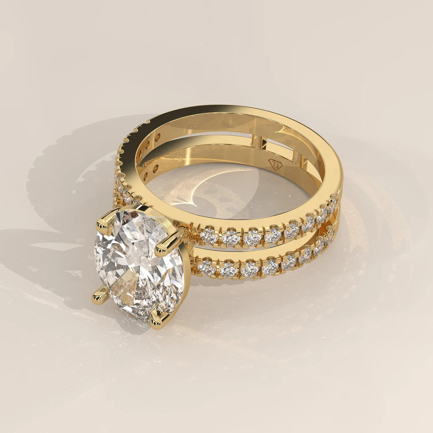 Angle View: Oval Diamond Engagement Ring with Pavé Setting in Yellow Gold – Lab Grown – Driona Jewels