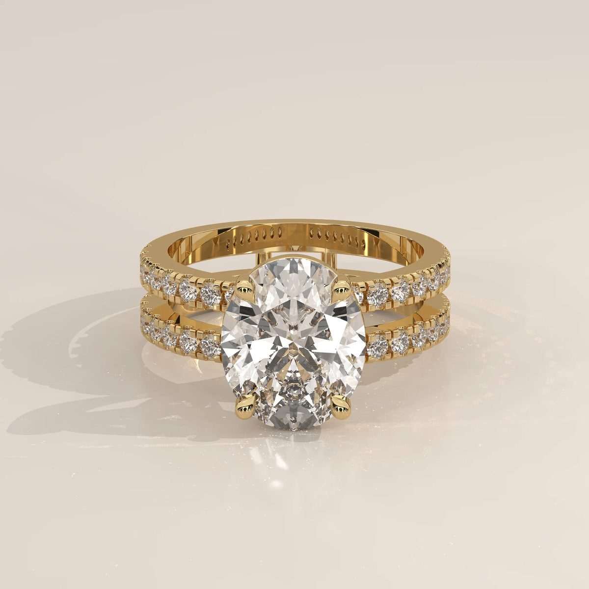 Three-Quarter View: Oval Diamond Engagement Ring with Pavé Setting in Yellow Gold – Lab Grown – Driona Jewels