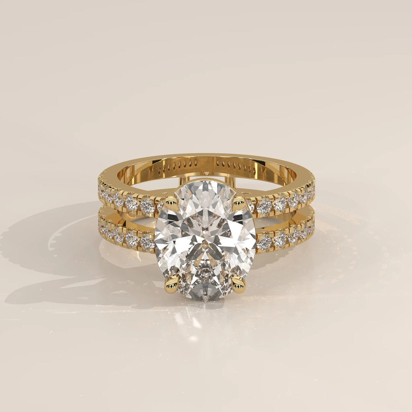 Three-Quarter View: Oval Diamond Engagement Ring with Pavé Setting in Yellow Gold – Lab Grown – Driona Jewels