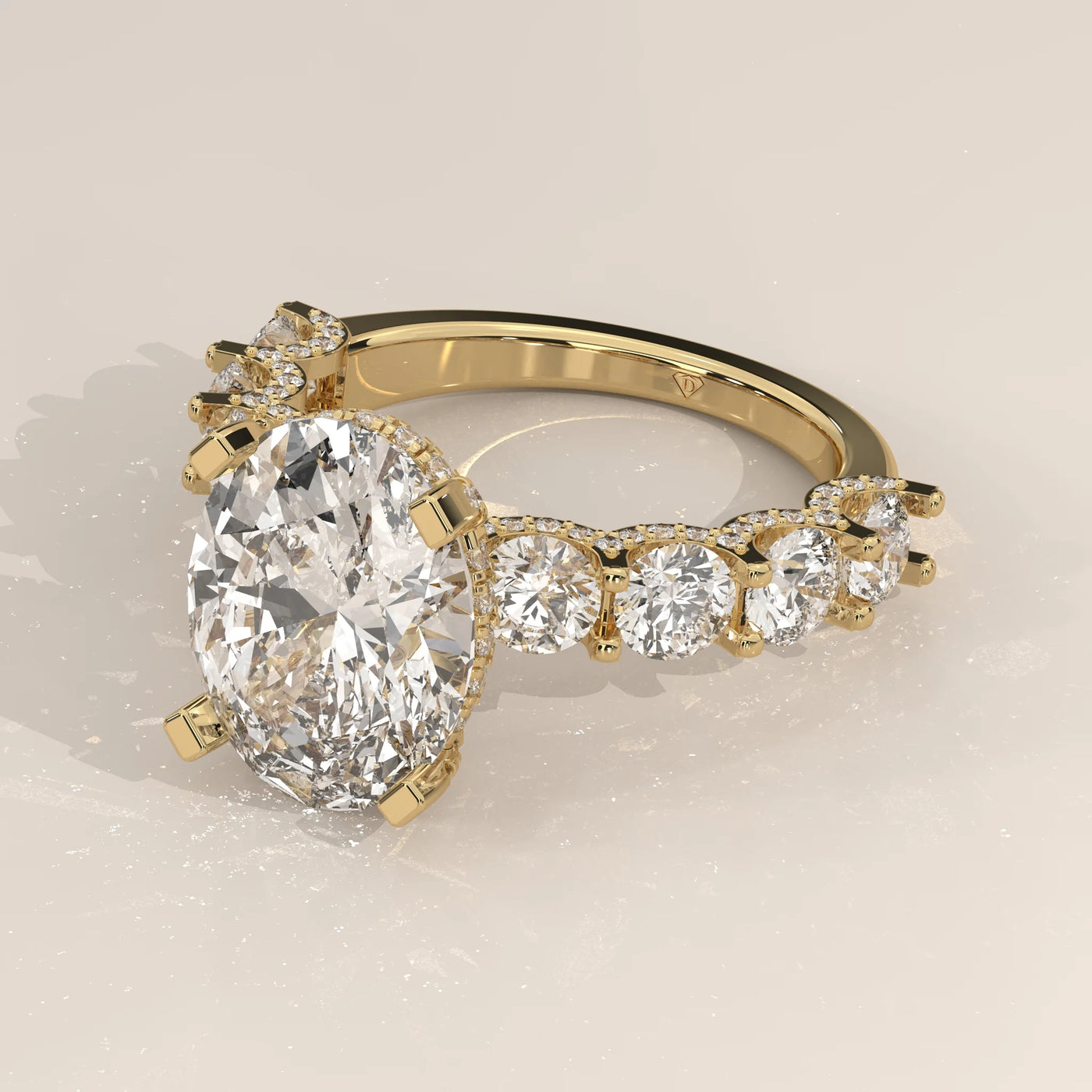 Angle View: Oval Diamond Ring with Prong Setting in Yellow Gold – Lab Grown – Driona Jewels
