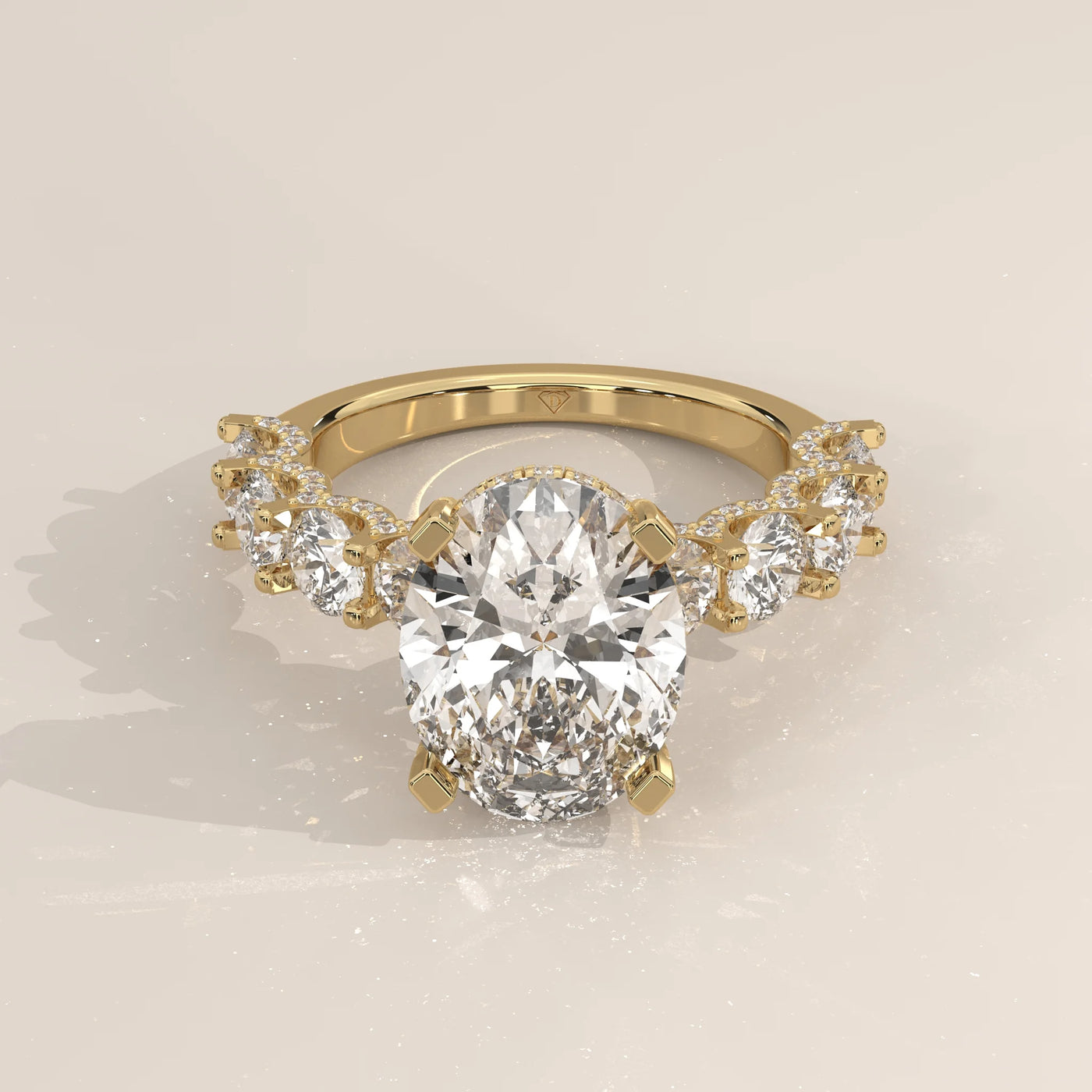 Three-Quarter View: Oval Diamond Ring with Prong Setting in Yellow Gold – Lab Grown – Driona Jewels