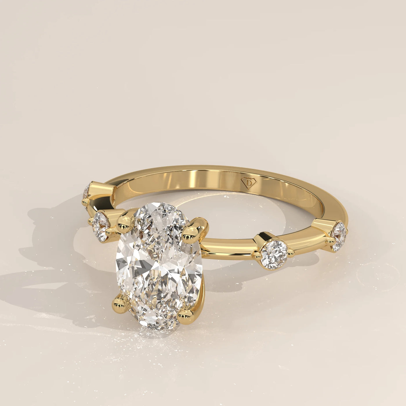 Angle View: Oval Diamond Engagement Ring with Prong Setting in Yellow Gold – Lab Grown – Driona Jewels