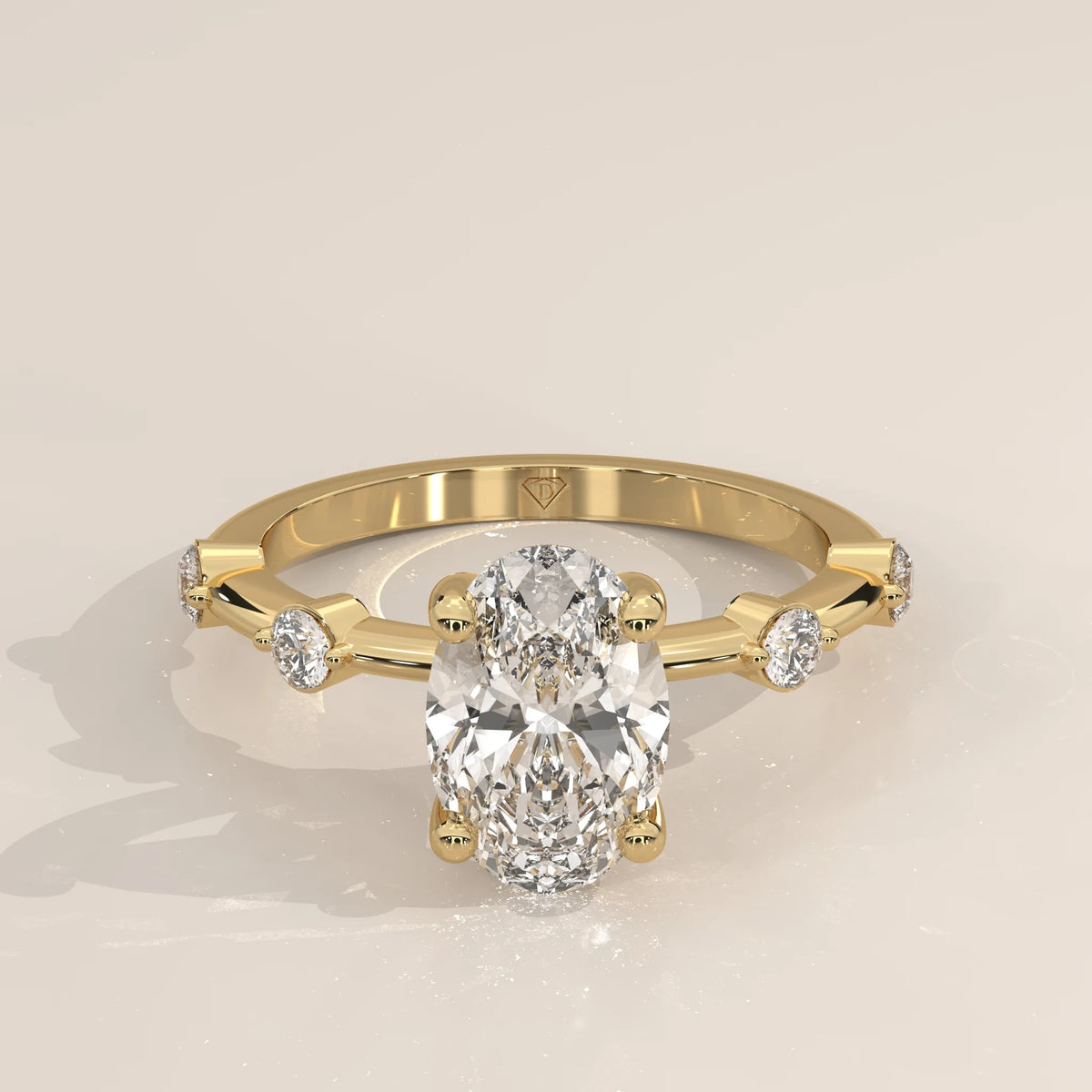 Three-Quarter View: Oval Diamond Engagement Ring with Prong Setting in Yellow Gold – Lab Grown – Driona Jewels