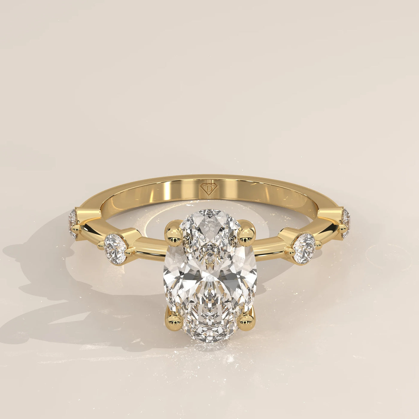 Three-Quarter View: Oval Diamond Engagement Ring with Prong Setting in Yellow Gold – Lab Grown – Driona Jewels