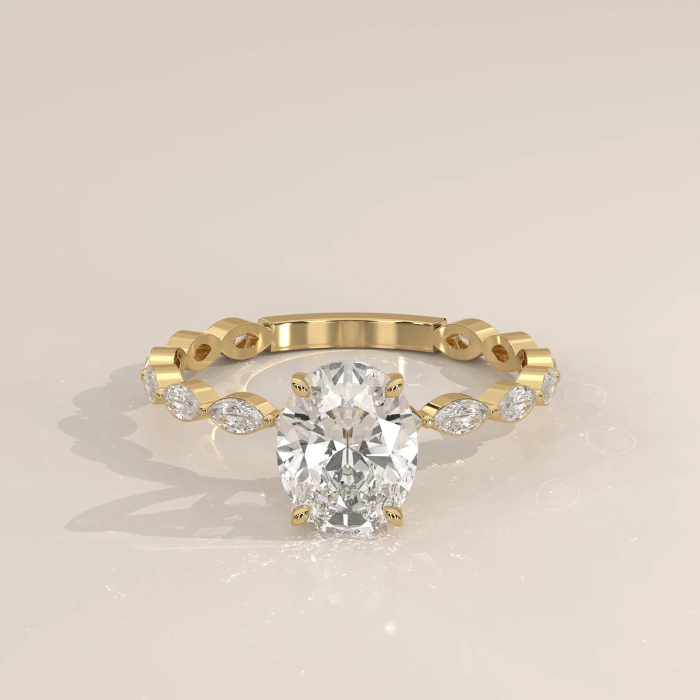 Oval cut diamond engagement ring with marquise accent stones in 14k yellow gold.