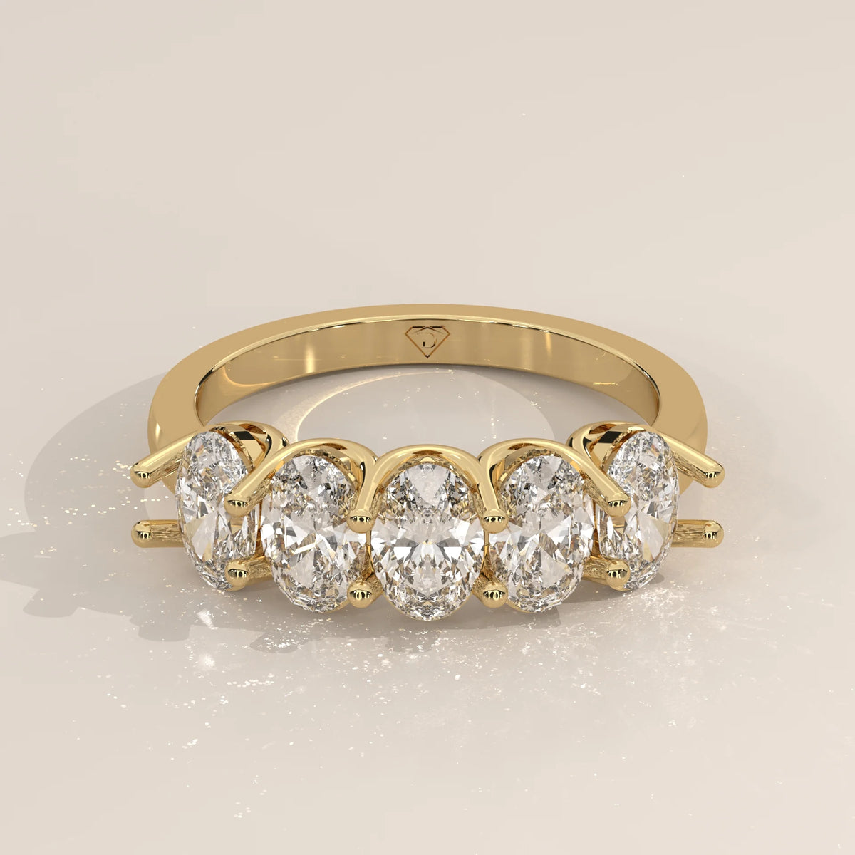 Three-Quarter View: Oval Diamond Band with Shared Prong Setting in Yellow Gold – Lab Grown – Driona Jewels