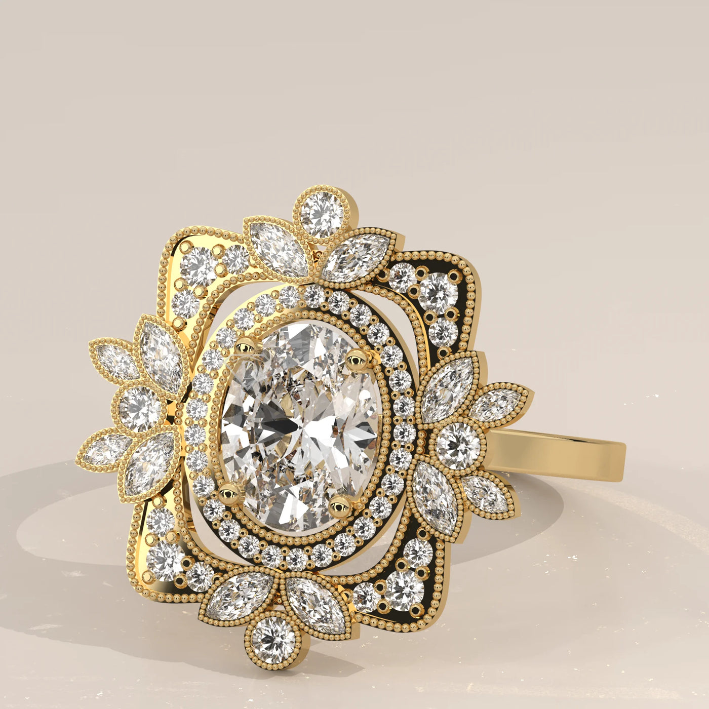Oval diamond engagement ring with ornate floral halo in yellow gold.