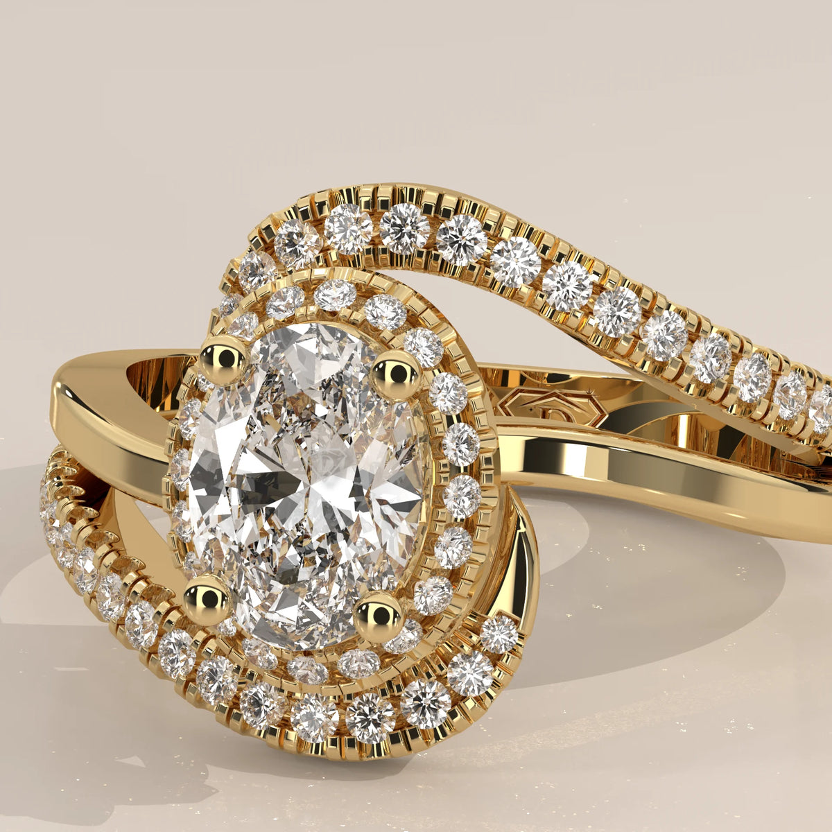 Oval Lab Grown Diamond Halo Ring with Swirling Pave Bypass in yellow gold, shown at an angle.