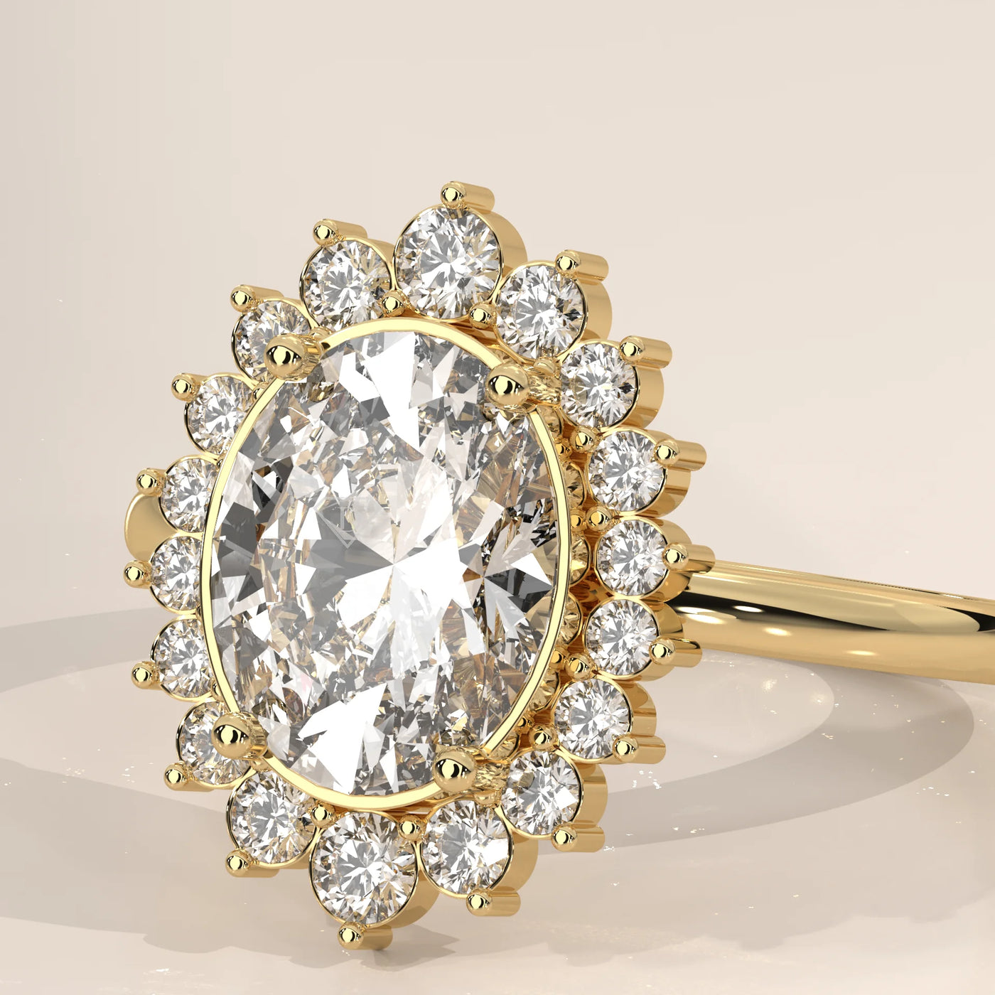 Gold engagement ring featuring a large oval diamond surrounded by smaller diamonds.