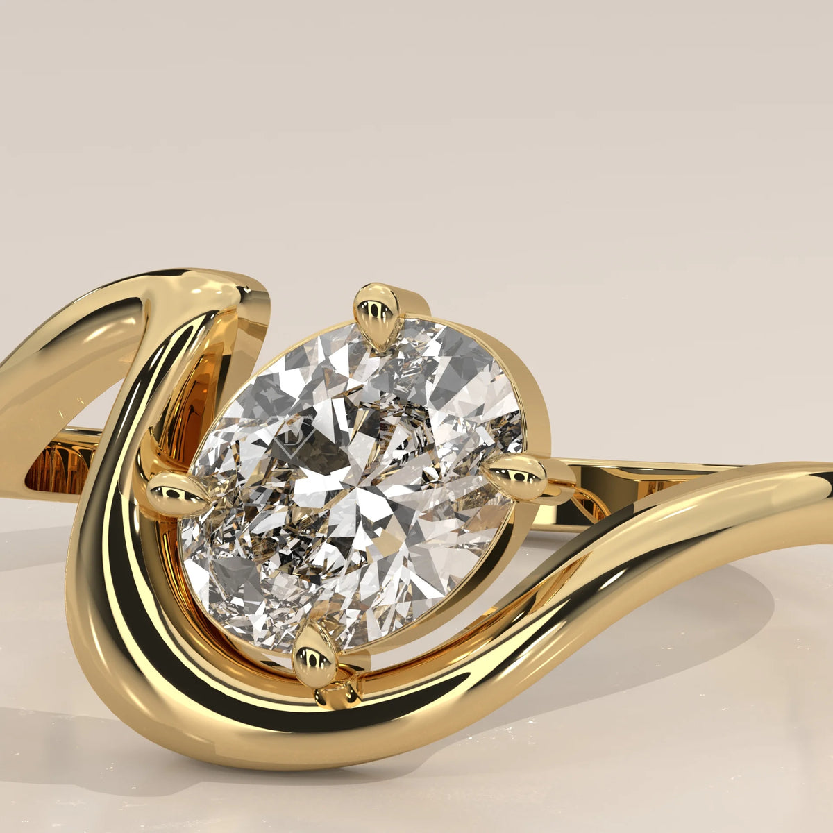 Close-up of a yellow gold ring with a large oval diamond and smaller marquise diamonds.