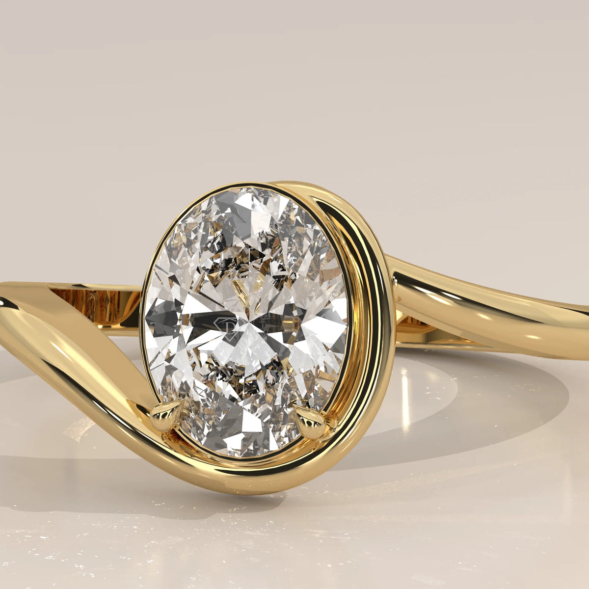 Oval Lab Grown Diamond Bypass Solitaire with Wraparound Rim in yellow gold, shown on a plain background.