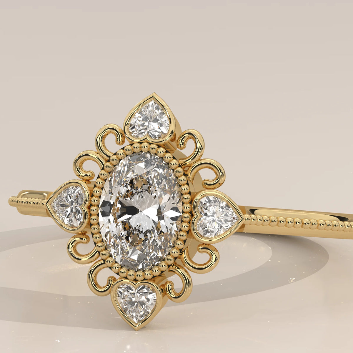 Oval Lab Grown Diamond Vintage Ring with Four Heart Accents in yellow gold, photographed head-on.