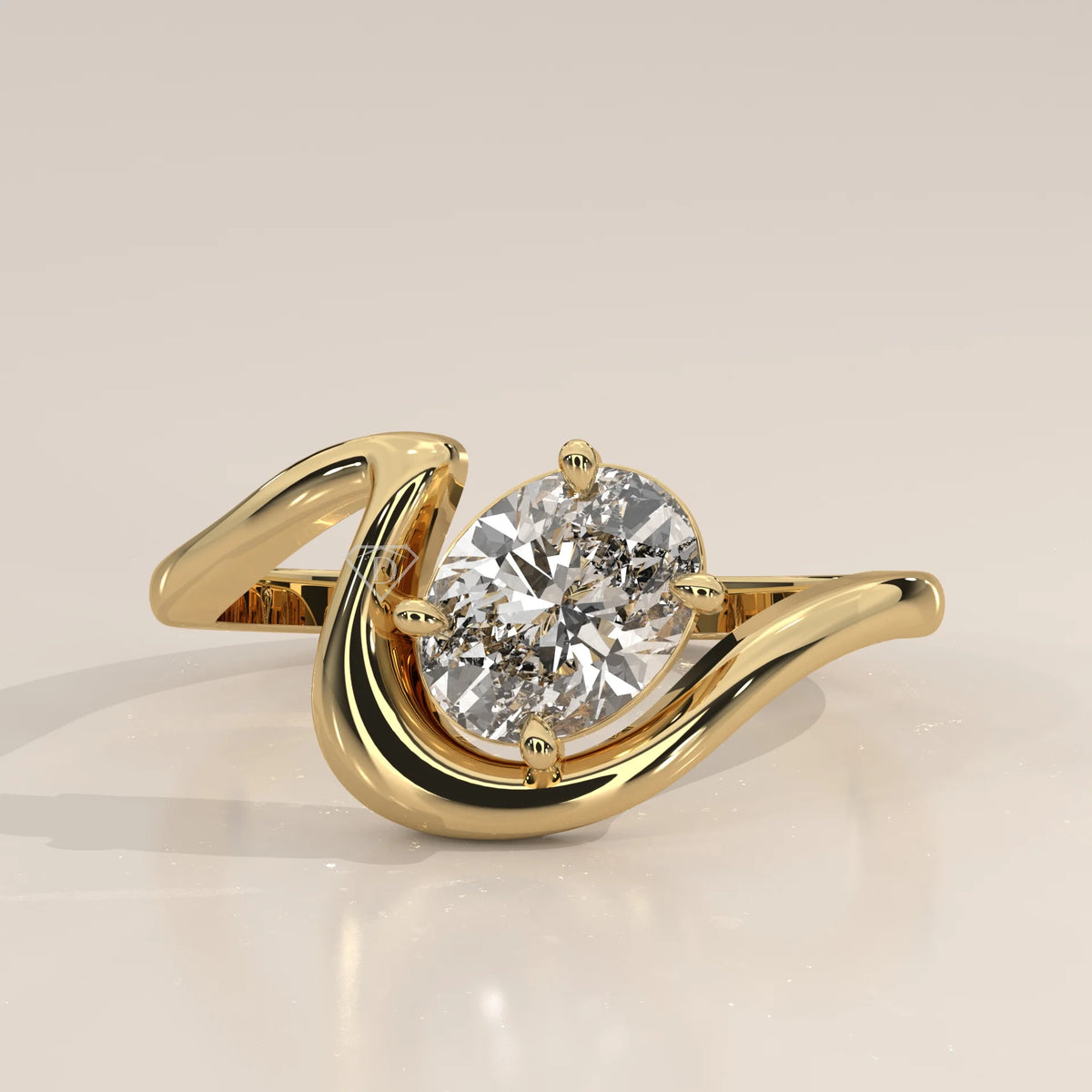Oval cut diamond engagement ring with accent stones in 14k gold.